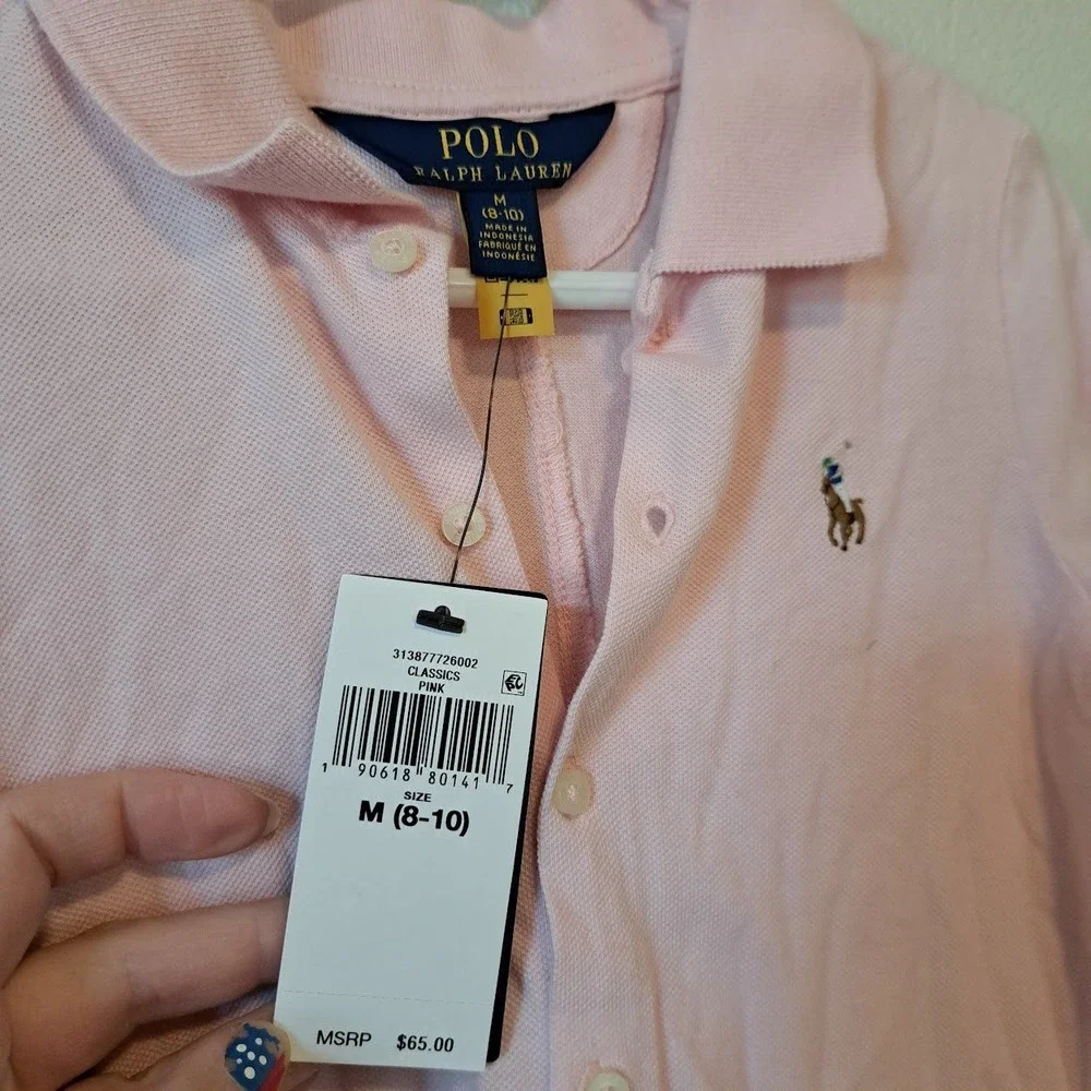 Polo Ralph Lauren Girls Pink Long Sleeve Button Front  Polo Dress Size M 8-10